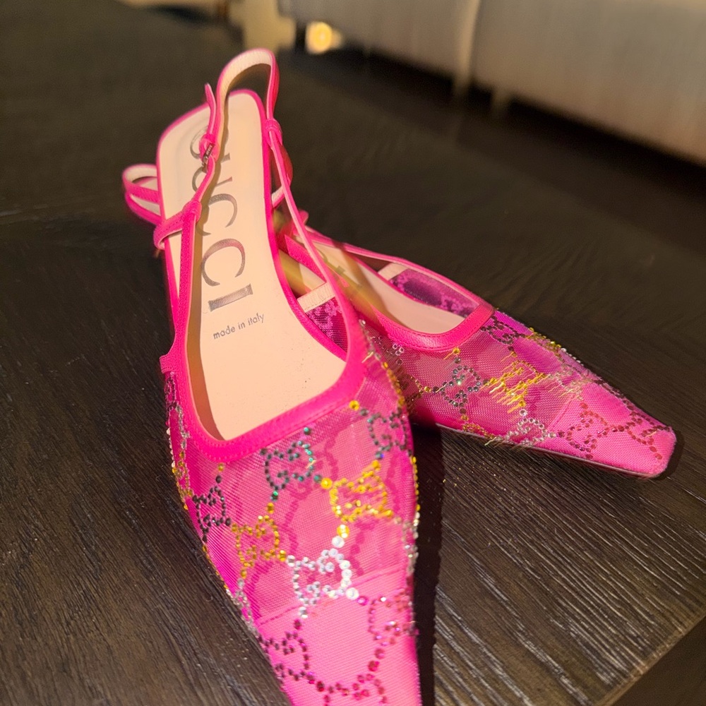 Gucci Hot Pink Sequin Embroidered Slingback Flats - Picture 5 of 7
